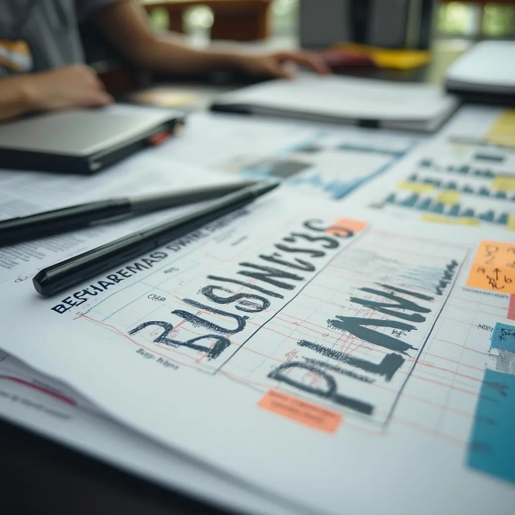 Plan de negocios estratégico sobre una mesa con notas adhesivas